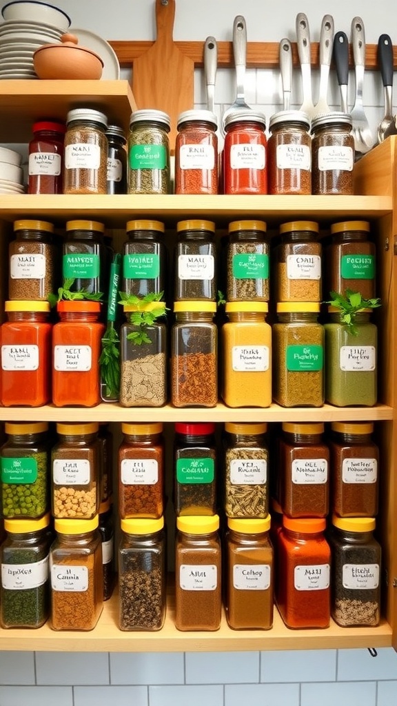 A spice rack with jars of herbs and spices in a cozy kitchen.